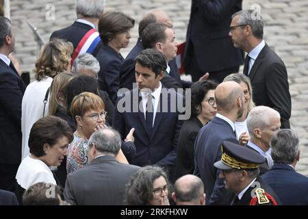 Paris, France. 25th Aug, 2023. Education Minister Gabriel Attal during Jean-Louis Georgelin's national tribute held at the Hotel des Invalides in Paris, France on August 25, 2023. French former chief of staff of the armies and CEO of the Public Establishment in charge of the conservation and restoration of Notre-Dame de Paris cathedral, Jean-Louis Georgelin is dead on Friday, August 18th, at 74. Photo by Eliot Blondet/ABACAPRESS.COM Credit: Abaca Press/Alamy Live News Stock Photo
