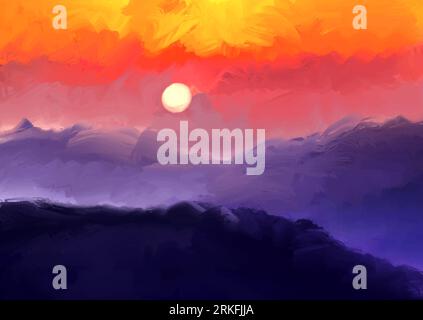 Abstract minimal hand painted sunset landscape background Stock Vector