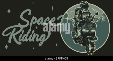 Cool biker astronaut rides through the universe on a motorcycle in vintage style. Space riding theme. Vector lover biker illustration. Good for poster Stock Vector