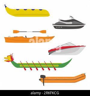 Boat icons set. Flat illustration of different kind of river boat transportation. Include banana boat, speed boat, dragon ship, inflatable boat and je Stock Vector
