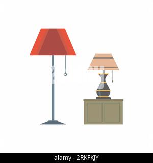 Furniture floor and table lamp in flat cartoon style. Designer trendy items for home apartment or office interior decor isolated on white background. Stock Vector