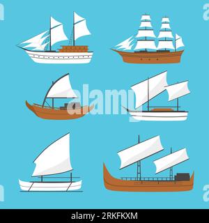 Vector flat sailing boat, ship icon, set. Old wooden ship with white sails. Phinisi ship, Barqque Sadov ship, Patorani ship, Travel by sea transport, Stock Vector