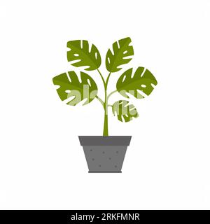 Vector flat illustrations of monstera leaf with pot. Indoor potted decorative houseplants for interior home or office decoration, green garden floral Stock Vector