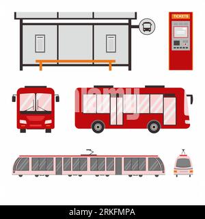 Set of city trolley bus, bus, tram and bus stop. Urban transport colored vector flat icons collection. City transportation and transporter isolated on Stock Vector