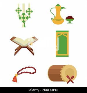 Set of Ramadan Kareem icons isolated on white background. Quran book, prayer beads, ketupat, holiday food, drum or bedug. Flat arabic ornament, ramada Stock Vector