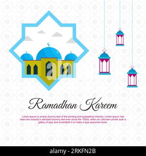 Ramadan Kareem greeting cards cartoon vector design with mosque and lantern. Hoping for an Islamic festival for banners, posters, backgrounds, brochur Stock Vector