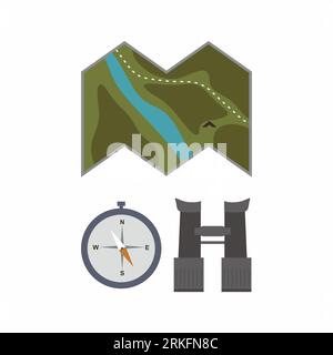 Item collections for travel, trip or camping. Binoculars, map and compass for safari tour and expedition in cartoon style. Set of flat isolated on whi Stock Vector