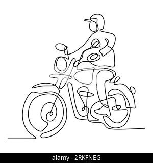 One continuous line of a man riding old motorcycle. Young male wearing helmet and rides a chopper motor on the street. Retro motor bike concept. Vinta Stock Vector