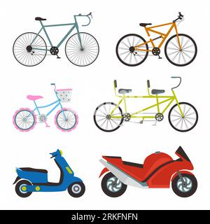 Simple set of transport flat icons vector design. Contains such as sport bicycle, woman bicycle, matic motorcycle and sport motorcycle. Transportation Stock Vector