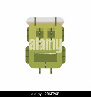 Vector flat cartoon style illustration of camping backpack on white background. Knapsack tourism adventure camping hiking supply mountain. Ready for s Stock Vector