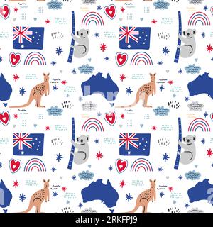 Vector seamless pattern of Australia icons. Kangaroo, koala, map and flag. National Australian holiday and a vacation. Travel to Australia. Design for Stock Vector