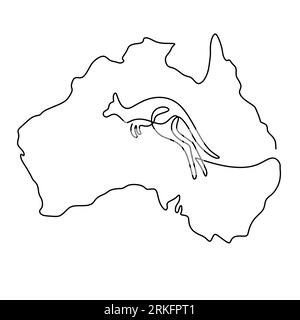 One continuous line drawing of Australia wild animals design silhouette. Australia map with a kangaroo. Wildlife animals symbol minimalism style on wh Stock Vector