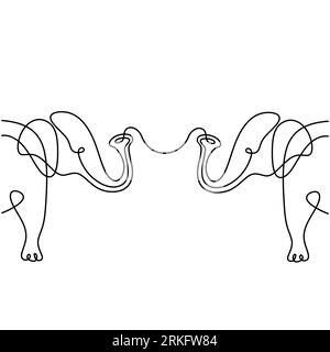 Continuous line drawing of two elephants silhouette with heart love symbols. Wedding, Valentine day, Hug day, family, friendship card design concept. Stock Vector