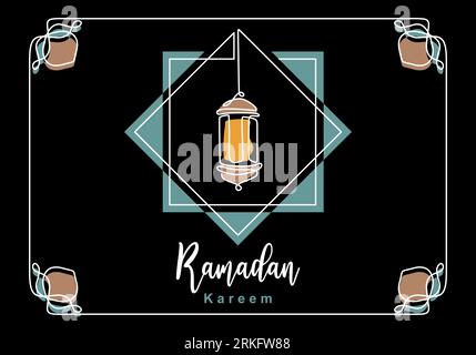 Eid mubarak luxury classical greeting card with traditional lantern isolated on black background. Hand drawing one continuous line design of Ramadan K Stock Vector