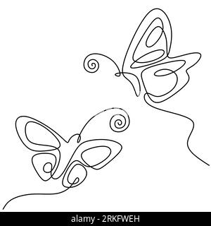 Butterfly one continuous line drawing. Beautiful butterfly couple is flying together in the air. Romantic theme isolated on white background. Symbol o Stock Vector