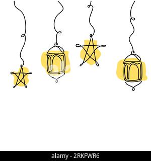 One continuous line drawing design for ramadan with hanging stars and lantern. Ramadan kareem greeting card with islamic decoration concept. Vector il Stock Vector
