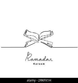 Continuous line drawing of open book Quran on a wooden book stand. Islamic holy day Ramadan Kareem and Eid Mubarak concept isolated on white backgroun Stock Vector