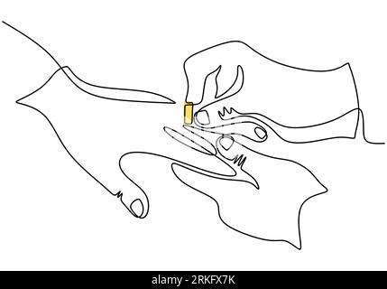 One continuous line drawing of male and female hands showing engagement rings. Young man put a ring on woman finger. Ring exchange drawn by hand pictu Stock Vector