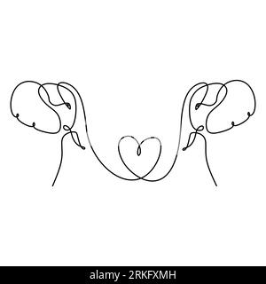 Continuous line drawing of two elephants silhouette with heart love symbols. Wedding, Valentine day, Hug day, family, friendship card design concept. Stock Vector
