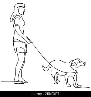 Continuous line drawing of woman happy pet lover with dog. Young female enjoy playing with her cute dog linear sketch isolated on white background. Fr Stock Vector