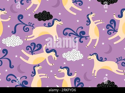 Hand drawn seamless vector pattern with cute unicorns, stars, clouds and rainbow. Magic background with in sweet purple color. Perfect for fabric, wal Stock Vector
