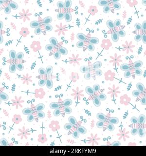 Hand drawn seamless pattern of flowers, leafs, butterfly. Seamless background for textiles, fabrics, covers, wallpapers, print, gift wrapping or any p Stock Vector