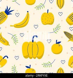 Cute hand drawn fruit pattern, tropical food texture in childish style for printing fabrics, wallpaper, menu and covers. Banana, pineapple, pear, appl Stock Vector