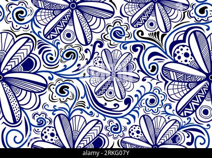 Blue floral tribal pattern doodle drawing style Stock Vector