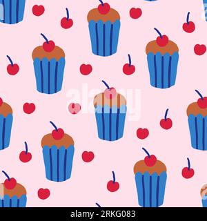 Cute seamless pattern with cupcakes with cherry on pink background. Desserts pattern design in hand drawn style. Vector illustration Stock Vector