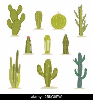 Set of green cactus in flat style Stock Vector