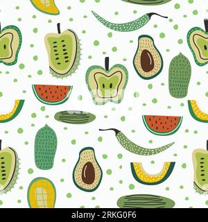 Vector seamless fruit pattern. Different fresh tropical fruit includes watermelon, apple, avocado, cucumber, papaya, mango, soursop, pomegranate isola Stock Vector