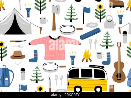 Cute cartoon hand drawn scandinavian style camping equipment symbols and icons. Vector illustration, camp clothes, shoes, guitar, food, tent, flashlig Stock Vector