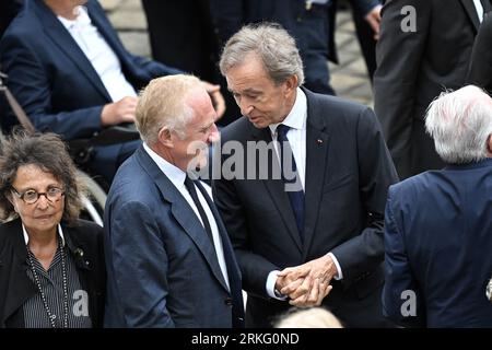 French businessman, chairman and CEO of Kering, Francois-Henri Pinault,  World's top luxury group LVMH head Bernard Arnault and CEO of LVMH Holding  Company, Antoine Arnault during Jean-Louis Georgelin's national tribute  held at