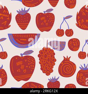 Red fruit seamless pattern. Cute fresh fruits: strawberry, dragon fruit, watermelon, grape, apple, tomato, cherry etc. Design for print screen backdro Stock Vector