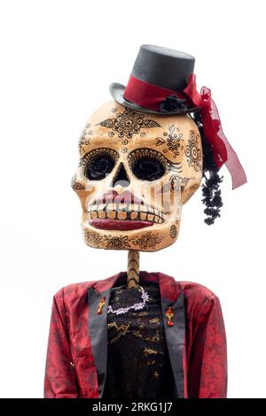 Dia de los Muertos (Day of the Dead) ornament, funny skull woman portrait isolated on white background, Halloween decor, Mexican traditional holiday Stock Photo
