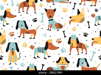 Animal seamless cartoon illustration with childish cute dogs. Stock Vector