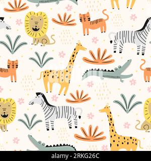 Seamless pattern with cute wild animals childish. Animals zoo with lion, zebra, crocodile, cat and giraffe. Suitable for design kid textile, wrapping Stock Vector