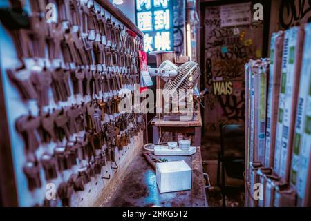 Retail display of blank keys on a wall on a street in Hong Kong. Stock Photo