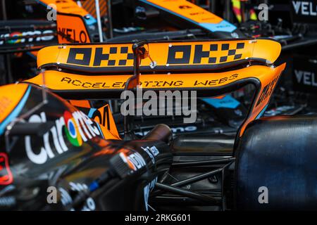 McLaren F1 Team MCL60, mechanical detail of the rear wing during the 2023 Formula 1 Heineken Dutch Grand Prix, 13th round of the 2023 Formula One World Championship from August 25 to 28, 2023 on the Zandvoort Circuit, in Zandvoort, Netherlands Stock Photo