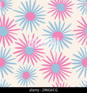 Groovy floral seamless pattern. Naive hand drawn daisy or chamomile. Pastel pink and blue flowers background. Cool funky design for fabric, textile Stock Vector