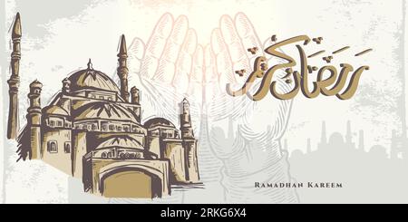 Ramadan Kareem greeting card with hand praying hand sketch, golden mosque and Arabic calligraphy means "Holly Ramadan". Hand drawn sketch elegant desi Stock Vector
