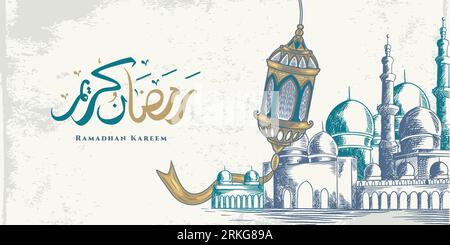 Ramadan Kareem greeting card with big lantern, big mosque and Arabic calligraphy means "Holly Ramadan". Hand drawn sketch elegant design Isolated on w Stock Vector