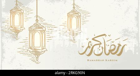 Ramadan Kareem greeting card with hanging golden lanterns sketch and Arabic calligraphy means "Holly Ramadan". Hand drawn sketch elegant design isolat Stock Vector