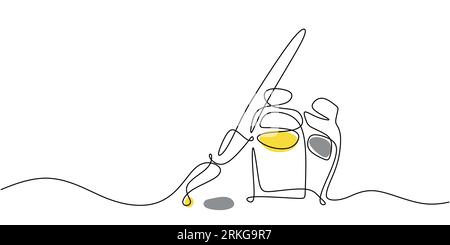 One single continuous line drawing of painting equipment with brush, yellow and grey ink isolated on white background. Stock Vector