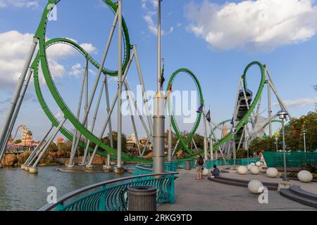 Aerial view of the Universal Orlando Theme Park, with its numerous rides and attractions visible Stock Photo