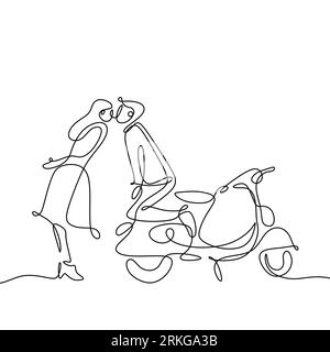 Continuous line drawing of a couple kiss with retro scooter motor bike. Vintage creative minimalist concept of romance isolated on white background. Stock Vector