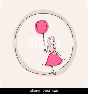 One continuous line drawing of little girls wearing pink dress and playing pink balloons. Cute child girl is holding a waving balloon in the wind isol Stock Vector