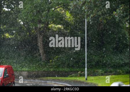 Summer rain raindrops during storm in urban street with parked cars Stock Photo