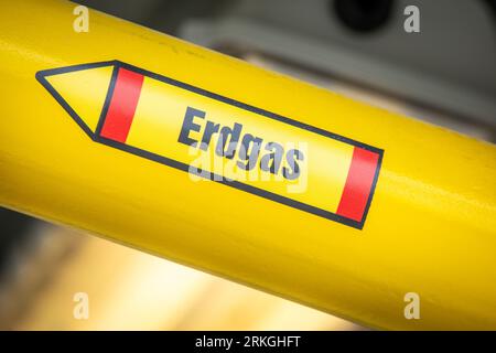Rostock, Germany. 02nd Aug, 2023. A yellow pipe labeled 'natural gas' hangs in the biomethane production plant at the new depot of Rostocker Straßenbahn AG (RSAG). The biomethane is a certified gas from agricultural waste. With this fuel, the biomethane buses have a CO2 footprint similar to that of electric buses charged with green electricity. After six months of conversion work, the site for regular service buses has been adapted for alternative propulsion systems. Credit: Jens Büttner/dpa/Alamy Live News Stock Photo