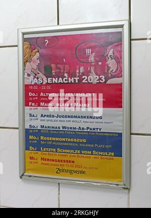 Timetable for Fastnacht 2023 in Mainz city, Germany, 16th February to Wednesday 22nd 2023 Stock Photo